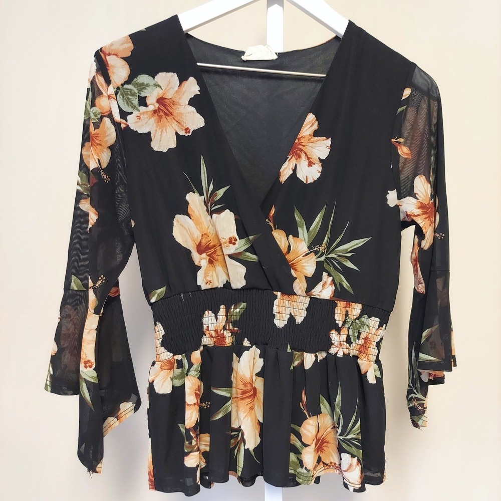 Ember Black Floral Print Mesh Bell Sleeve Smocked Waist Blouse Top M Whimsigoth